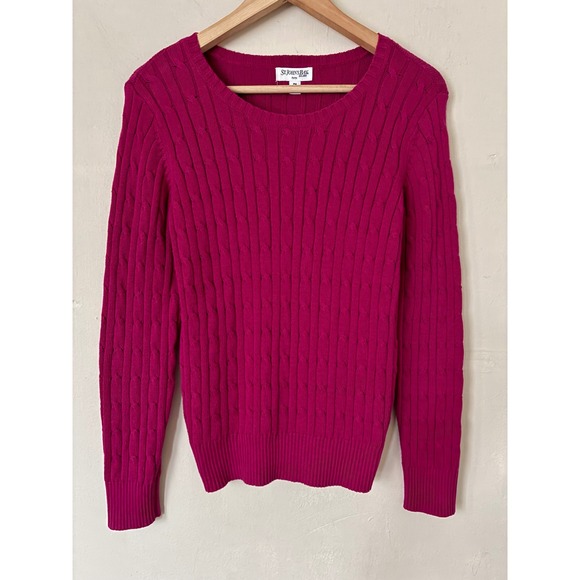 St. John's Bay Sweaters - St Johns Bay Womens Petite Magenta Pink Cable Knit Cotton Sweater PM Long Sleeve